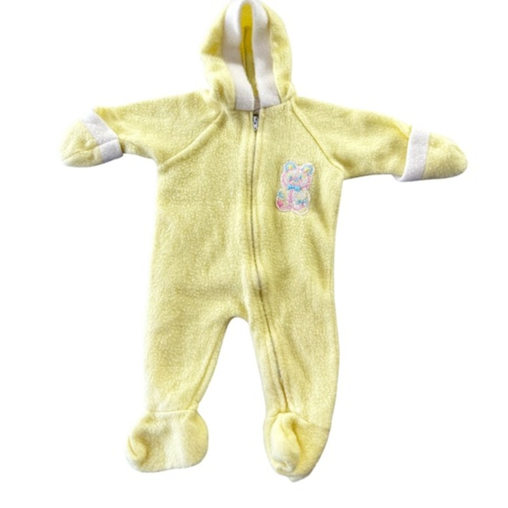 Vintage Yellow Hooded Pram Suit Teddy Bear Embroidery Footed‎ Bunting 0-9 Months